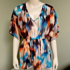 H&M Multi Colored Print Sexy & Sheer Tunic Boho Blouse Elastic Waistband Size 4